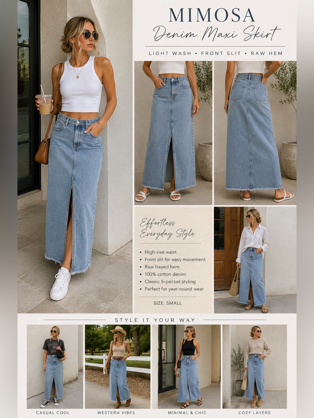 Mimosa Denim Maxi Skirt Small Light Wash Front Slit Raw Hem 100% Cotton